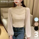 \タイムセール開催中♪/ クロップド丈 トップス レディース ニット かわいい シフォンスリーブ 春 【メール便送料無料】 ボトルネック 透け感 韓国ファッション ホワイト ベージュ ブラック フリーサイズ