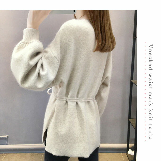 チュニック 長袖 ニット レディース Vネック 大人可愛い 【メール便送料無料】 ウエストマーク シンプル アイボリー レッド ブラック フリーサイズ