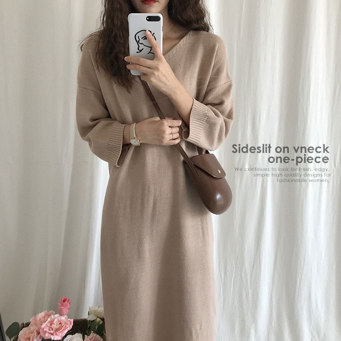 ワンピース ニットワンピ スリット 秋 ミディアム 秋冬 七分袖 サイドスリット ゆったり トレンド Vネック おしゃれ 可愛い 重ね着 シンプル 無地 ベージュ ネイビー 韓国ファッション レディース [kn-088]