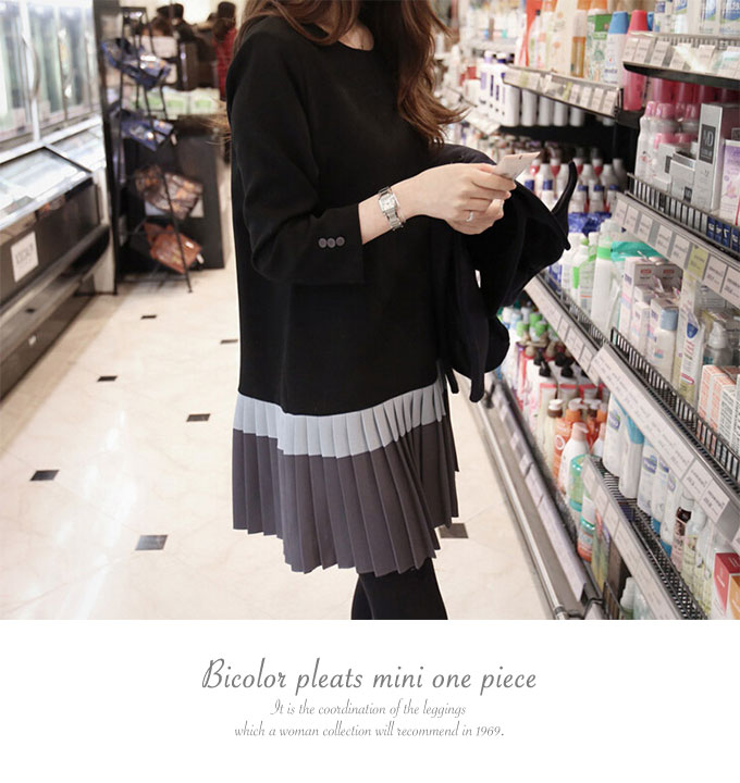 ワンピース レディース 膝上 七分袖 プリーツ ファスナー 伸縮 【メール便送料無料】 バイカラー 膝丈 チャック ミニ ワンピ ミニワンピース ミニワンピ ショート丈 デート 女子会 ストレッチ 大人 きれいめ 春 秋 韓国ファッション 可愛い かわいい おしゃれ [ops-091]