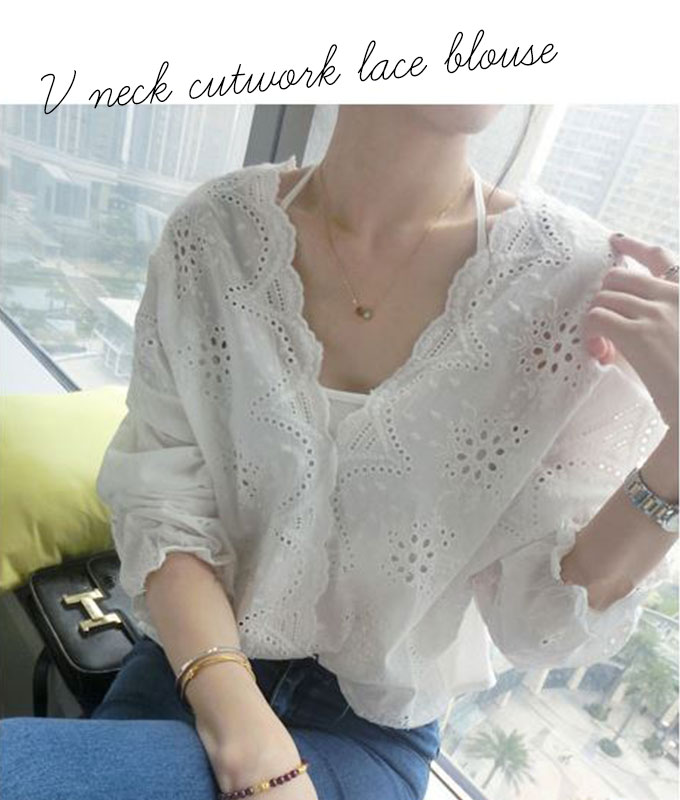レディース トップス 【メール便送料無料】 ブラウス 春夏 レース 7分袖 刺繍 Vネック ゆったり 白 綿 コットン バルーン フリル きれいめ おしゃれ かわいい コクーン カットワークレース 花刺繍 レトロ 薄手 [cut-063]
