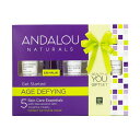 商品説明 ●ANDALOU Age Defying（アンダルー エイジ ディファイング）シリーズのスキンケアセットです ●肌のお手入れには欠かせない以下の5つの化粧品が入っています ●「使ってみたいけど合わなかったらどうしよう……」「旅行先でも使いたい！」と思っている方にオススメです ＜内容物＞ ・アプリコット プロバイオティクス クレンジングミルク 24ml（0.8 floz） リキッド ・8種のバイオアクティブベリーフルーツ 酵素マスク 15ml（0.5 floz） パック ・トーニングリフレッシャー ブロッサム+リーフ 30ml（1 floz） リキッド ・ゴジ ペプチド パーフェクティングクリーム 12ml（0.4 floz） クリーム ・レスベラトロール Q10 ナイトリペアクリーム 12ml（0.4 floz） クリーム ※Non-GMO（非遺伝子組み換え） / グルテンフリー / ビーガン仕様 / 動物実験なし 消費期限・使用期限の確認はこちら 内容量 / 形状 アプリコット プロバイオティクス クレンジングミルク 24ml（0.8 floz） / リキッド8種のバイオアクティブベリーフルーツ 酵素マスク 15ml（0.5 floz） / パックトーニングリフレッシャー ブロッサム+リーフ 30ml（1 floz） / リキッドゴジ ペプチド パーフェクティングクリーム 12ml（0.4 floz） / クリームレスベラトロール Q10 ナイトリペアクリーム 12ml（0.4 floz） / クリーム 成分内容 アプリコット プロバイオティクス クレンジングミルク アロエベラ葉果汁*、精製水、ヒマワリ種子オイル*、グリセリン（自然由来）、パルミチン酸エチルヘキシル、アプリコットカーネルオイル、ステアリン酸グリセリル、カプリル酸 / カプリン酸トリグリセリド、ステアリン酸、セチルアルコール、レシチン、ルリジサ種子オイル*、プロバイオティクスコンプレックス（アルファグルカンオリゴサッカリド、ポリムニアソンチホリア根、マルトデキストリン、乳酸菌）、フルーツ幹細胞（セイヨウリンゴ、ブドウ）、8種のバイオアクティブベリーコンプレックス*、レスベラトロール、ユビキノン（CoQ10）、スイートアーモンドオイル、リン酸アスコルビルマグネシウム（ビタミンC）、ココナッツミルク*†、アラントイン、トコフェロール、ローゼルフラワーエキス*†、パンテノール、フェネチルアルコール、エチルヘキシルグリセリン、アプリコットアイソレート、バニラアイソレート、オレンジピールオイル* 8種のバイオアクティブベリーフルーツ 酵素マスク アロエベラ葉果汁*、クランベリー果汁*、精製水、植物由来グリセリン、ヒドロキシプロピルデンプンリン酸、トコフェロール、フルーツ幹細胞（セイヨウリンゴ、ブドウ）、バイオアクティブ8ベリーコンプレックス*、サトウキビエキス*、レシチン、藻類エキス、マヌカハニー、レスベラトロール、ユビキノン（CoQ10）、パパイン、ヒマワリ種子油*、メドウフォーム油*、リンゴ果実エキス*、キサンタンガム、レモン果実エキス*、茶葉（ホワイトティー）エキス*、ハイビスカス花エキス*†、ルイボスエキス*†、フェネチルアルコール、エチルヘキシルグリセリン、ラズベリー分離物、バニラ分離物、オレンジ果皮油* トーニングリフレッシャー ブロッサム+リーフ アロエベラ葉果汁*、精製水、ヒマワリ種子オイル*、グリセリン（自然由来）、パンテノール、PCA-ナトリウム、トコフェロール、オレイン酸ソルビタンデシルグルコシドクロスポリマー、フルーツ幹細胞（セイヨウリンゴ、ブドウ）、8種のバイオアクティブベリーコンプレックス*、レスベラトール、ユビキノン（CoQ10）、リン酸アスコルビルマグネシウム（ビタミンC）、アラントイン、ルイボスエキス*†、ローゼルフラワーエキス*†、チャノキリーフエキス*†、フェネチルアルコール、エチルヘキシルグリセリン、プチグレンフラワーオイル*、ニオイテンジクアオイフラワーエキス* ゴジ ペプチド パーフェクティングクリーム アロエベラ葉果汁*、精製水、ヒマワリ種子油*、ホホバ種子油*、ステアリン酸グリセリル、シアバター*†、植物由来グリセリン、フルーツ幹細胞（セイヨウリンゴ、ブドウ）、バイオアクティブ8ベリーコンプレックス*、セチルアルコール、ステアリン酸、クコ果実エキス、トコフェロール、ラウリン酸グリセリル、ヒアルロン酸ナトリウム、パンテノール、アラントイン、ビサボロール、レスベラトロール、ユビキノン（CoQ10）、ルリジサ種子油*、月見草油*、キサンタンガム、リン酸アスコルビルマグネシウム（ビタミンC）、リボフラビン、茶葉（ホワイトティー）エキス*†、ハイビスカス花エキス*†、フェネチルアルコール、エチルヘキシルグリセリン、アプリコット分離物、バニラ分離物、オレンジ果皮油* レスベラトロール Q10 ナイトリペアクリーム アロエベラ葉果汁*、精製水、炭酸ジカプリリル、ステアリルアルコール、フラックスシードオイル*、セチルアルコール、パルミチン酸エチルヘキシル、ステアリン酸グリセリル、フルーツ幹細胞（セイヨウリンゴ、ブドウ）、8種のバイオアクティブベリーコンプレックス*、ココアシードバター*、アラントイン、レスベラトロール、ユビキノン（CoQ10）、加水分解ライスプロテイン、ヒアルロン酸ナトリウム、ゴジフルーツエキス、ヨーロッパブナ芽エキス、トコフェロール、リン酸アスコルビルマグネシウム（ビタミンC）、ルリジサ種子オイル*、アボカドフルーツオイル、ローズヒップフルーツオイル*、イブニングプリムローズオイル*、オリーブスクワラン、チャノキ葉エキス*†、ルイボスエキス*†、ローゼルフラワーエキス*†、リボフラビン、フェネチルアルコール、エチルヘキシルグリセリン、バニラアイソレート、ヒレハリソウエキス* *：オーガニック認定 †：フェアトレード成分 ※詳しくはメーカーサイトをご覧下さい。 使用方法 アプリコット プロバイオティクス クレンジングミルク 湿らせた肌につけ、優しくマッサージした後、よくすすぎ流して下さい。 8種のバイオアクティブベリーフルーツ 酵素マスク 乾かした清潔な肌にまんべんなく均等に塗ってください。10分から20分程度放置した後、水でよく洗い流してください。 トーニングリフレッシャー ブロッサム+リーフ ご使用前によく振って下さい。 クレンジング後、目を閉じて顔や首に優しくスプレーして下さい。 ゴジ ペプチド パーフェクティングクリーム 毎日、清潔にした顔や首にご使用ください。 レスベラトロール Q10 ナイトリペアクリーム 清潔な顔や首にご使用下さい。 メーカー Andalou Naturals（アンダルー ナチュラルズ） ・この製品は外部用です。 ・目に入らないようご注意下さい ・お肌に合わない場合は使用をやめ、症状によっては医師にご相談下さい。 ・効能・効果の表記は薬機法により規制されています。 ・医薬品該当成分は一切含まれておりません。 ・メーカーによりデザイン、成分内容等に変更がある場合がございます。 ・製品ご購入前、ご使用前に必ずこちらの注意事項をご確認下さい。 Get Started Age Defying Kit 5pc 生産国: アメリカ 区分: 化粧品 広告文責: &#x3231; REAL MADE 050-3138-5220 配送元: CMG Premium Foods, Inc. organic 有機 おーがにっく ゆうき 天然 てんねん 人気 にんき おすすめ お勧め オススメ ランキング上位 らんきんぐ 海外 かいがい set せっと セット まとめがい トラベル用 旅行用 トライアル おためし おためし用 お試しサイズ お試し おためしサイズ お試し用 トライアルキット トライアルセット お試しセット スキンケア フェイシャルケア フェイスケア ナチュラル コエンザイム sample さんぷる サンプル