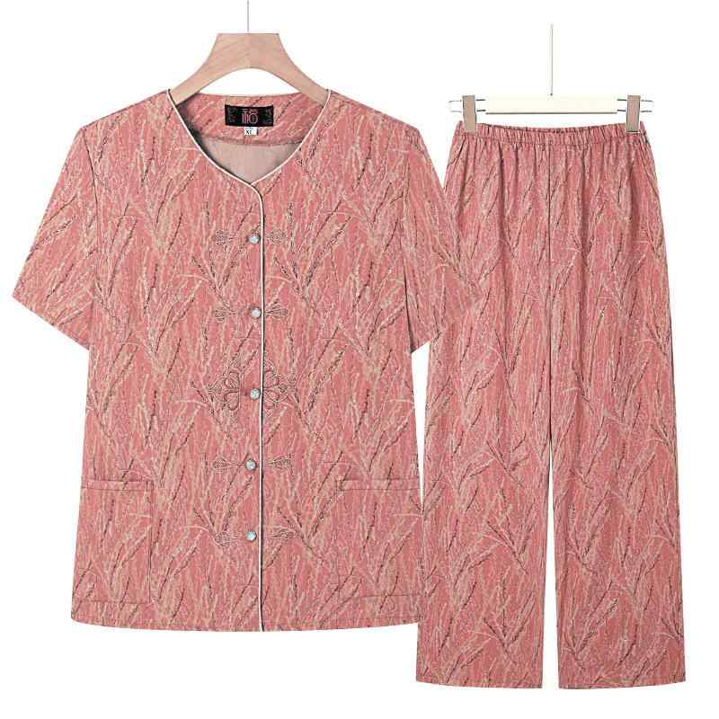 ブラウス レディース 中高年 トップス 夏服 おしゃれ シャツ シニア 普段着 セットアップ風・流行要素: 3D/立体パターン・工法: ノーアイロン加工・主な素材: ポリエステル100%・カラー展開: レッドセット, ブラウンセット・サイズ展開: XL, 2XL, 3XL, 4XL, 5XL・スタイル: 日韓カジュアル・カテゴリー: カジュアルセットアップ・袖型: レギュラー袖・袖丈: 三分袖・性別: レディース
