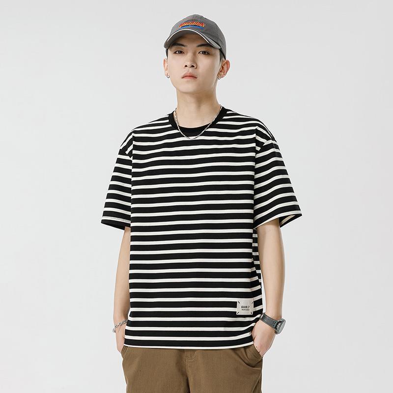 Tシャツ メンズ 半袖 ラウンドネック ボーダー トップス クルーネック カットソー カジュアル 快適 着回し・スタイル: 青春流行・主な素材: 綿・柄: ストライプ・シルエット: ルーズ・対象: 青少年・ネックライン: クルーネック・袖丈: 半袖・厚さ: 薄手・素材名: ポリエステル・素材混率: ポリエステル51.9%・重量: 約180g～250g・機能性: 透湿・対象年齢: 大人・性別: 男性・カテゴリ: Tシャツ