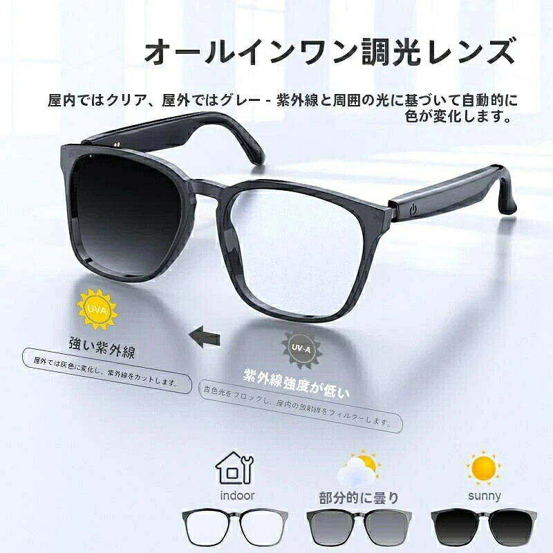 【翌日発送】スマートグラス Bluetooth5.3 変色調光サングラス ワイヤレスオーディオ オープンイヤー 内蔵マイク UV400 ブルーライトカット AI 翻訳 音楽通話対応