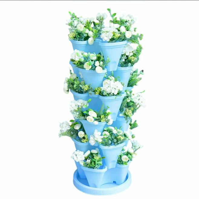 段垂直ガーデンプランター ホイール付きバルブバルブ プラスチック 積み重ね可能 イチゴ植栽ポット 屋..