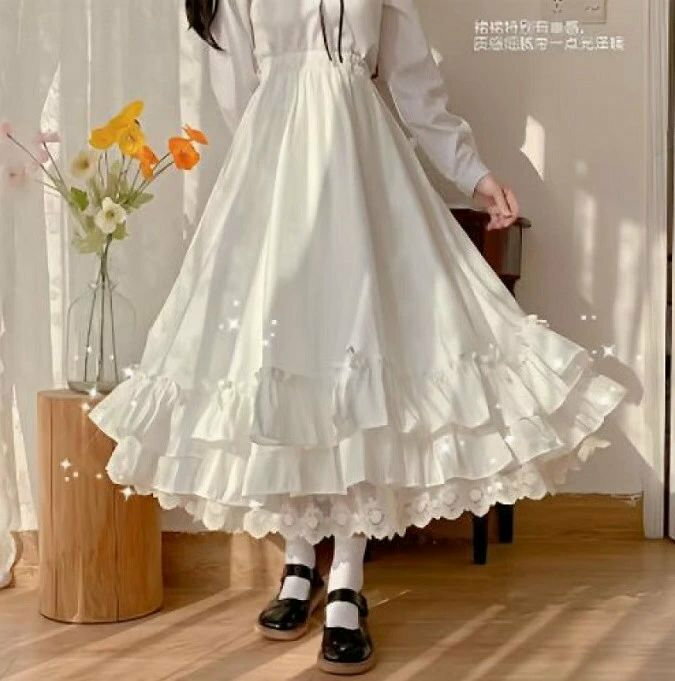 ホワイト ふんわり かわいい レース ガーリー フェミニン 可愛い フリル 森ガール 2点セット ロング ロリータ風