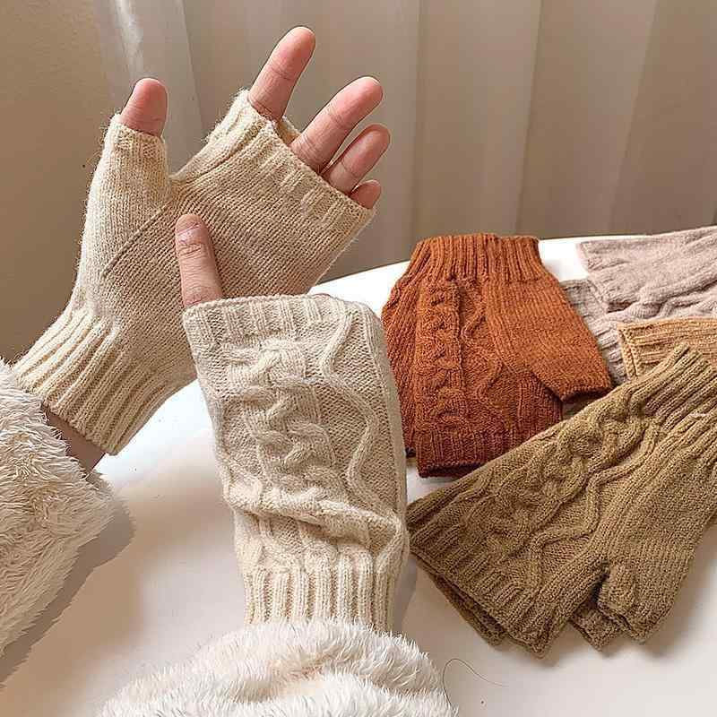 レディース 秋 冬 ニット ウール 用 手袋 暖かい 学生 タッチ スクリーン 書き込む 指 半分 かわいい