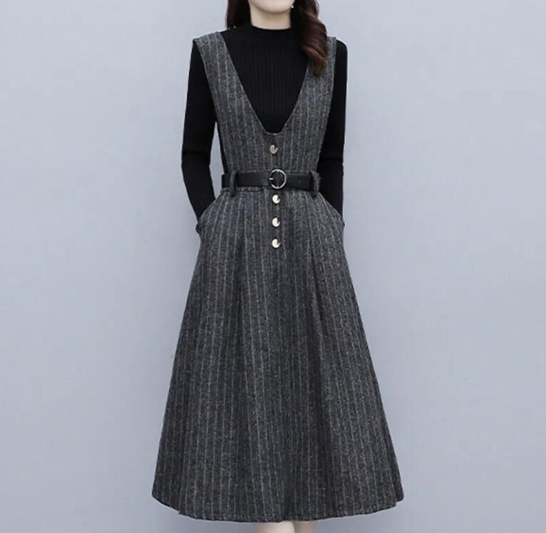 ワンピース Vネック ジャンパースカート ストライプ ノースリーブ フレアスカート レディース ロングワンピース ロング丈 春 秋 冬 シンプル カジュアル 大人