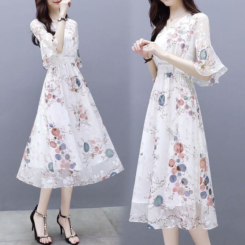 ワンピース 夏 レディース シャワードット フリルスリーブ 花柄 ロングワンピース シフォンワンピース リゾート ロング マキシ丈 シフォン きれいめ Aライン フレア 大人 上品 半袖 カジュアル フォーマル 結婚式 パーティー ドレス 春 夏 エレガント