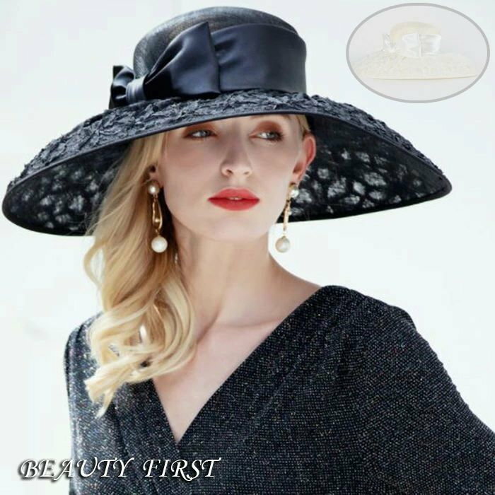 大きめリボン付きハット 麻素材 帽子 女優帽 レディース 黒ブラック 白ホワイト リゾート 旅行 イベント パーティー 式典 上品 高級感 ..