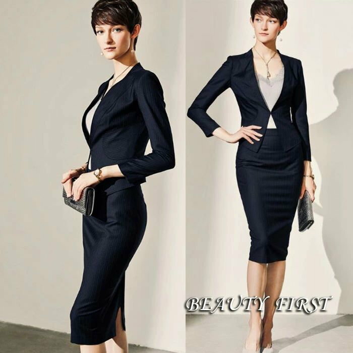 高級ライン ノーカラー大人スーツ レディース 長袖 ジャケット タイトスカート ストライプ地 タイトスカート 膝下丈 ネイビー系 フォーマル オフィス 冠婚葬祭 卒業式 卒園式 結婚式 イベント