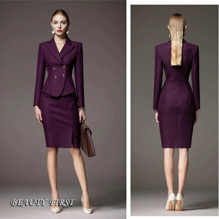 紫スーツ風ワンピース タイトシルエット 膝下丈 紫パープル レディース 長袖 上品 高級感 大人 スーツ風 ワンピース テーラード きちんと感 入学式 卒業式 フォーマル オフィス 仕事 エレガント セレモニー ママ 可愛い おしゃれ セレモニードレス