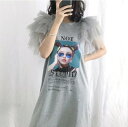 【送料無料】 チュール袖 プリント TEE ワンピース Tシャツワンピ Tシャツワンピース スカート ゆったり ざっくり ティアード袖 ラウンドネック お出掛け お買い物 ロングTシャツ ロンT 女子高生 10代 20代 30代 海