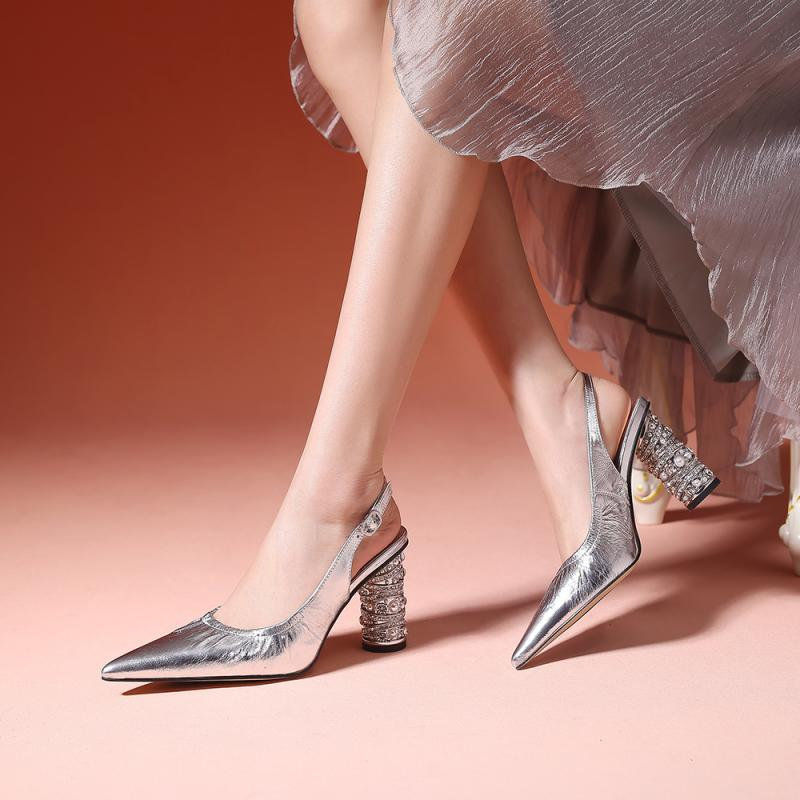 スリングバック パンプス 高級感 ラインストーン エレガント 厚底ヒール クラシック レディース カジュ..