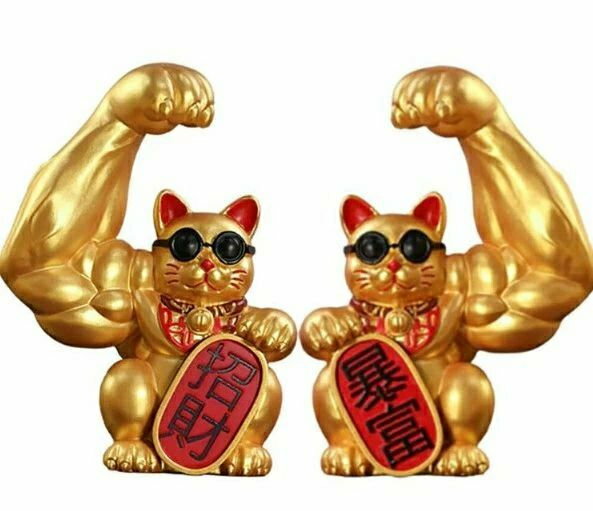 玄関 猫 カフェ 美容室 お祝いプレゼント ガテン系招き猫 2体セット ゴールド マッスル 置物 周年祝い ..