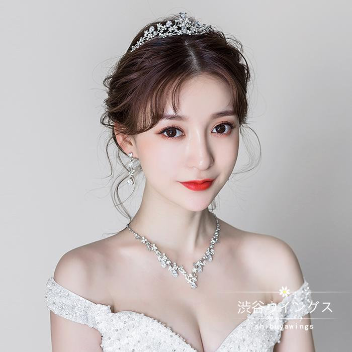ヘッドドレス ティアラ ネックレス ピアス イヤリング セット ウェディング カチューシャ クラウン 髪..
