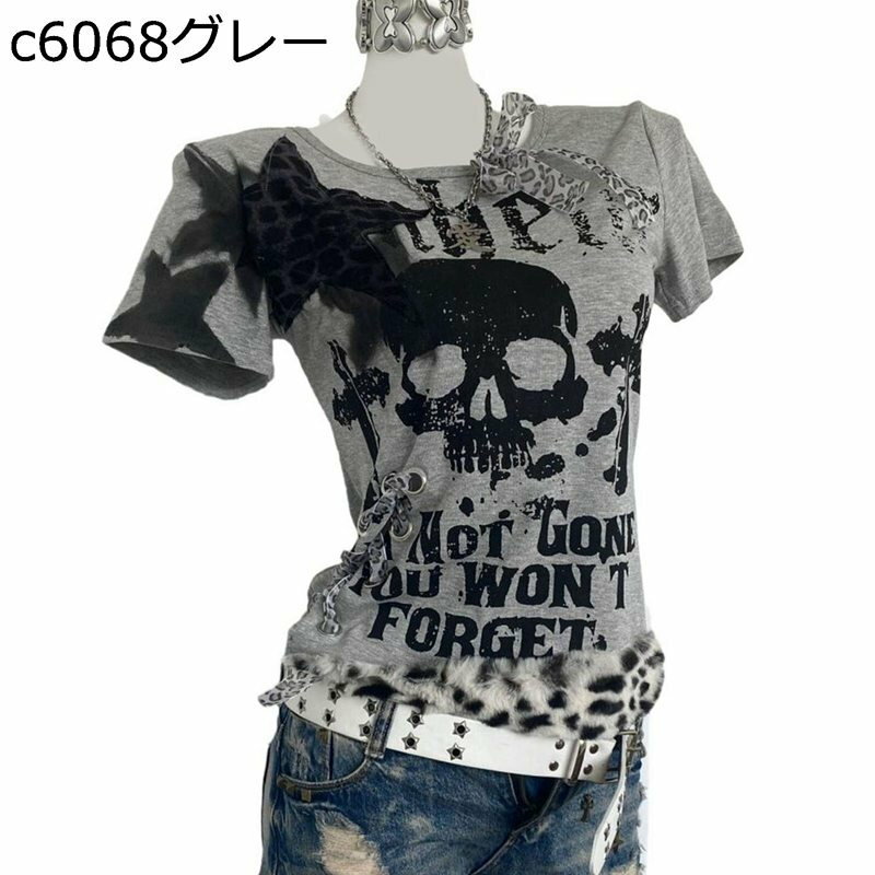 サブカル系 Tシャツ レディース 髑髏柄 チュニック 半袖 YK ゴシック 病みかわ 原宿系 綿 薄手 スリム ビンテージ ヴィジュアル系 v系 量産型 韓国風 普段着 お出かけ 通学 夏 春 秋