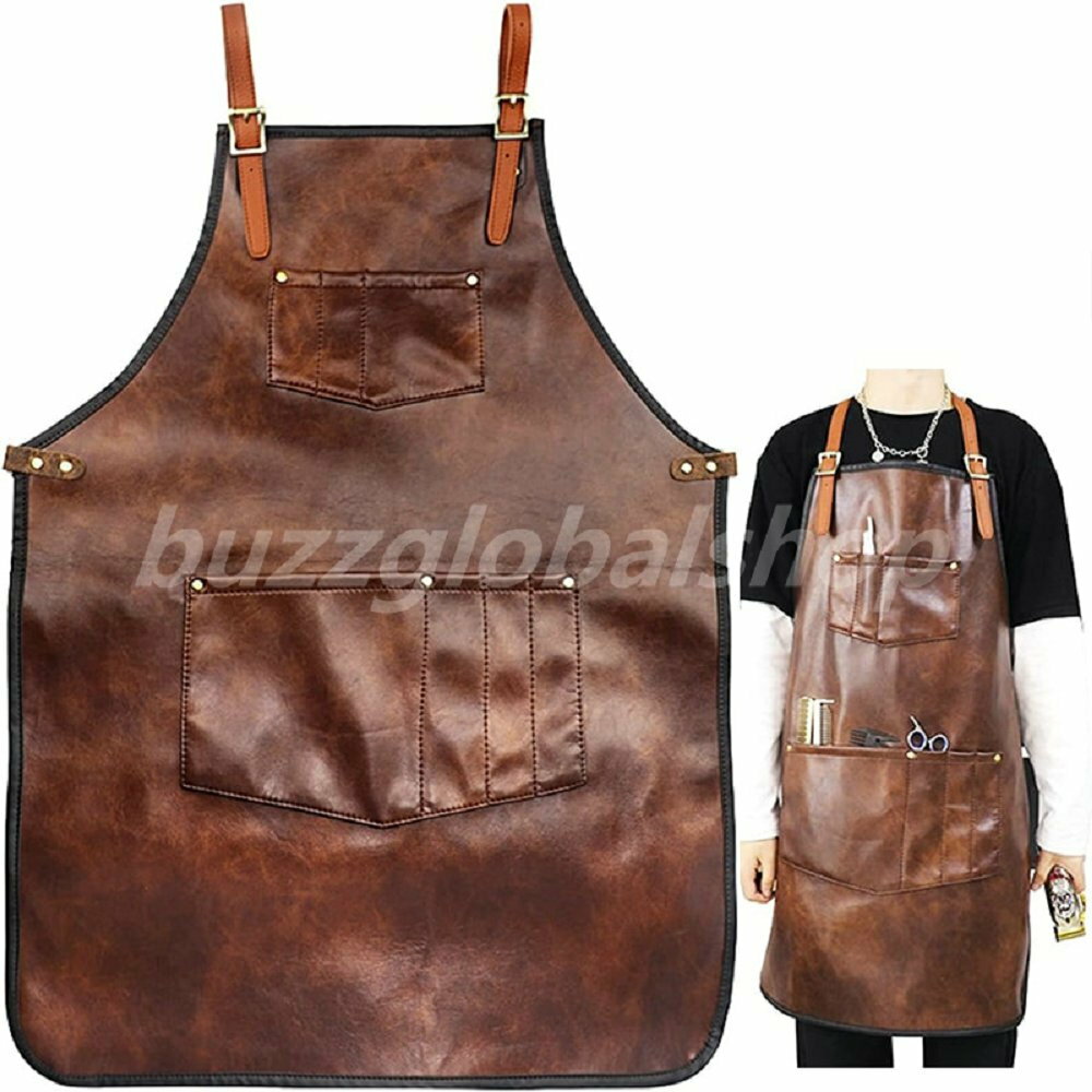 男性用シェフエプロン 女性用防水レザーエプロン クロスバックストラップ ポケット付き キッチンバーベキュー料理 理髪店 手作業 バリスタエプロン