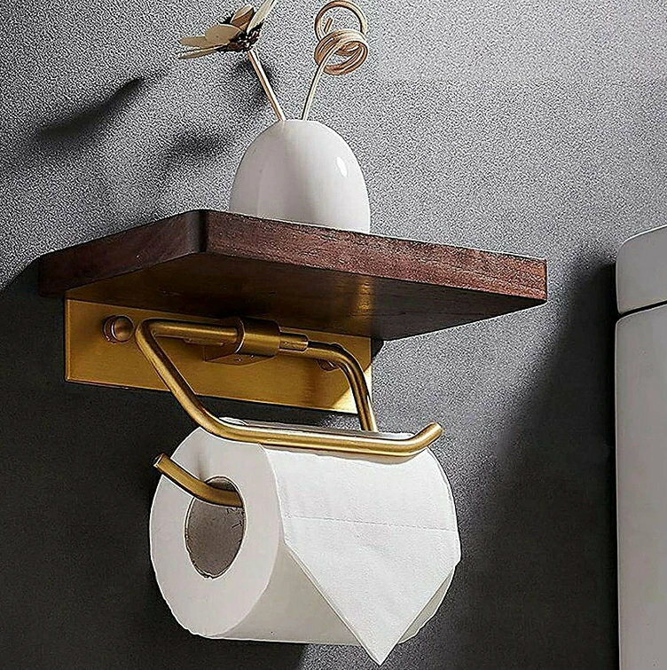 天然木 トイレットペーパーホルダー 真鍮製ダブルフック アンティーク 北欧 木製 アイアン ブラウン ペ..
