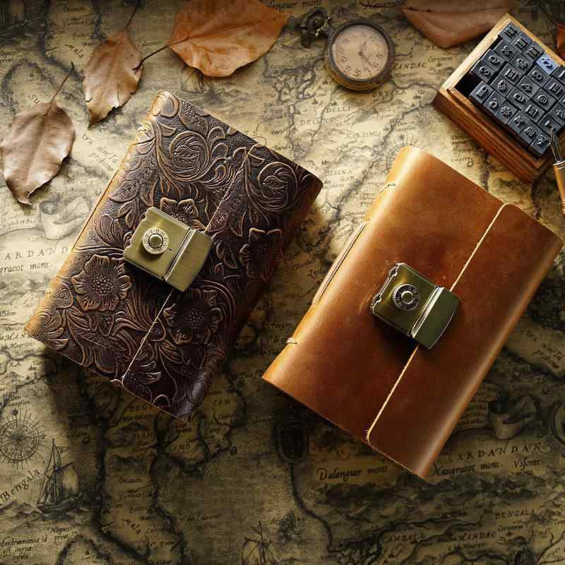 ノート 文房具 男女兼用 レトロ アンティーク 牛本革 クレイジーホースレザー カービング 手縫い 鍵付きパスワードロック 大容量 無地 クラフト紙 ブラウン 日記帳 スケッチブック