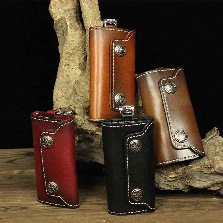 キーケース 男女兼用 レトロ ヴィンテージ カジュアル 植物タンニンなめし革 本革 牛革 レザー コンパクト スリム 上質 丈夫 スナップボタン レッド ブラック ブラウン ダークブラウン 普段使い ビジネス 通勤