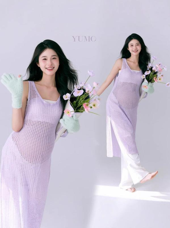 マタニティ ワンピース 春夏 フレンチスタイル パープル キャミソール ノースリーブ セットアップ フォト撮影用 エレガント さわやか ナチュラル フェミニン