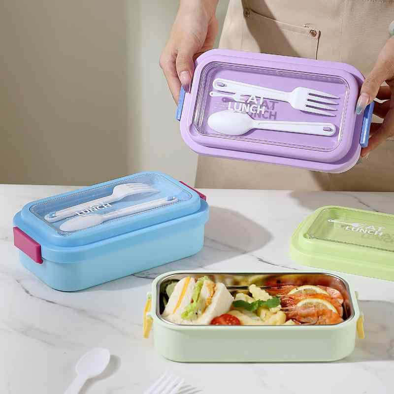 弁当箱 学生用 通学 通勤 オフィス シンプル おしゃれ 高見え 北欧風 長方形 二段 蓋付きステンレス製 電子レンジ対応 仕切り 密閉 持ち運び 携帯用 カトラリーケース付き ランチボックス