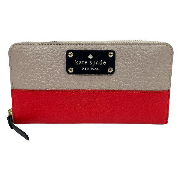ケイト・スペード グローブコート PWRU3736 ベージュ×レッド レザー ラウンドファスナー 財布 長財布 レディース 送料無料 【中古】