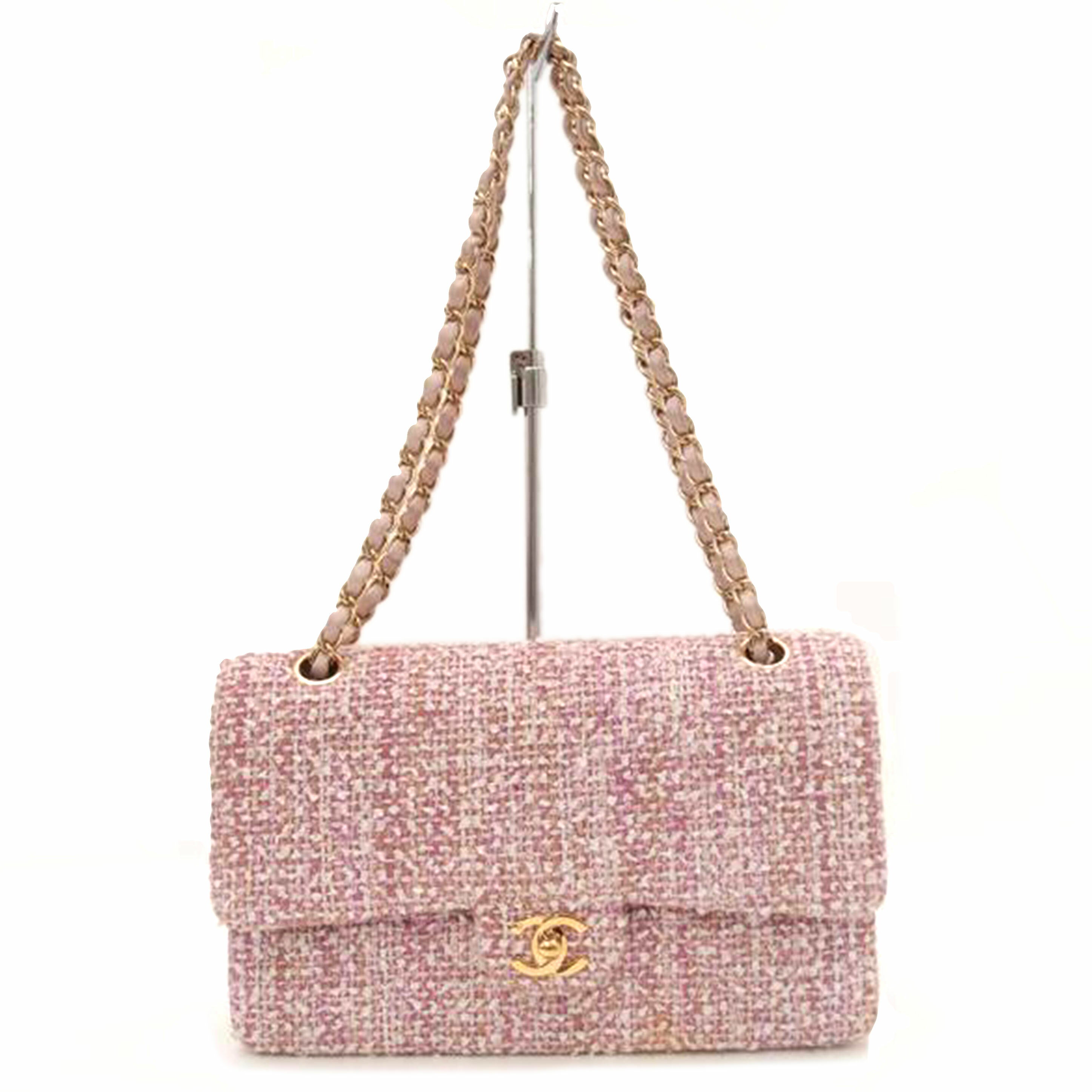 CHANEL シャネル ショルダー ココマーク 斜メ掛ケ レザー×ツイード ピンク 8番台 2003年頃製造 横サイズ25cm/マトラッセツイードラムスキン・Wフラップチェーンショルダー/A01112/シャネル/ABランク/69【中古】のサムネイル