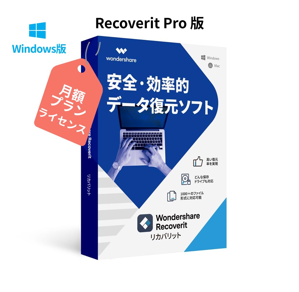 安全で効率的なデータ復元 Wondershare Recoverit Pro【月額プラン】（Windows版) データ復元ソフト 写真 動画 ドキュメントなど全種類のファイル ビデオ オーディオ 電子メール復元 HDD SDカード USB復元 復旧 Windows10対応 ワンダーシェアー