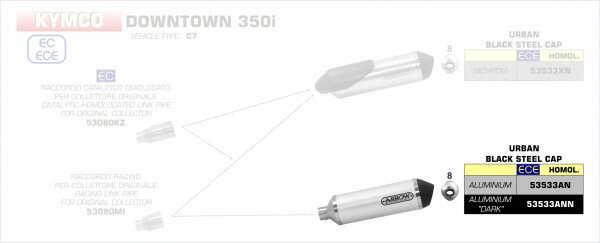 ARROW / アロー Kymco Downtown 350I 2016/2019 Eマーク Urban ブラックアルミエキゾースト ブラックINOXエ | 53533ANN