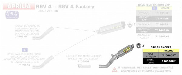 ARROW / アロー APRILIA RSV 4-RSV 4 FACTORY-TUONO V4 R GP2 スチールダーク サイレンサー + リンクパイプ | 71009GPI