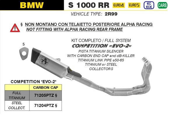 Arrow / アロー BMW S1000RR '19/22 競技用フルシステムマフラー ハイバージョン ステンレスコレク | 71204PTZ