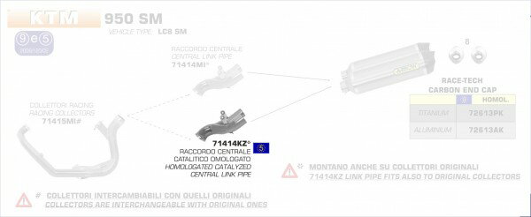 ARROW / アロー KTM 950 SM '06/09 ステンレス 1:2 Eマーク証 キャタライザー ミッドパイプ | 71414KZ