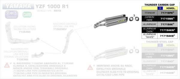 ARROW / アロー YAMAHA YZF R1 '07 L & R CARBY Eマーク証 エキゾースト カーボンエンドキャップ付 | 71719MK