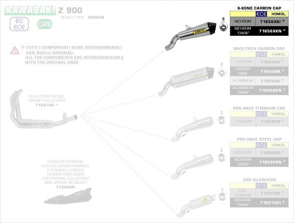 ARROW / アロー KAWASAKI Z900 Eマーク証 ニクロム DARK X-KONE サイレンサー カーボンエンドキャッ | 71856XKN