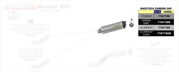 ARROW / アロー DUCATI MONSTER 821 '18 Eマーク証 RACE TECH アルミサイレンサー カーボンエンドキャ | 71877AK