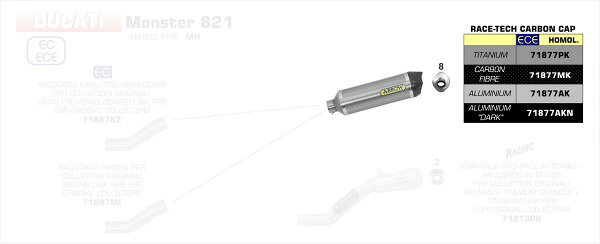 ARROW / アロー DUCATI MONSTER 821 '18 Eマーク証 RACE TECH チタン サイレンサー カーボンエンドキャ | 71877PK
