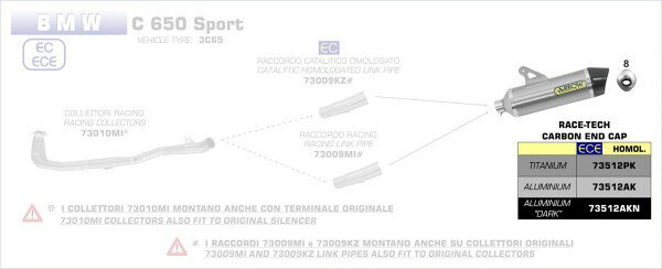 ARROW / アロー BMW C 650 SPORT '16 eマーク アルミニウム RACE-TECH サイレンサー カーボンエンドキャ | 73512AK