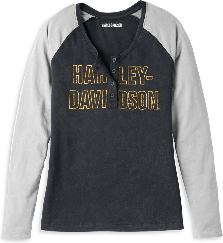 Harley-Davidson Bar Font Raglan Sleeve Henley For Women- Colorblock Design | 96087-22VW