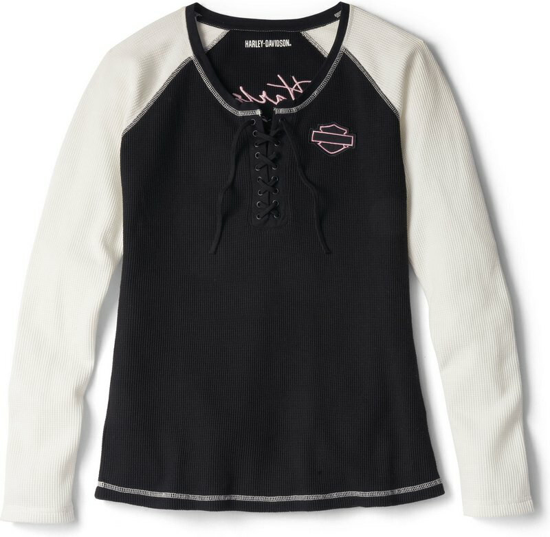 Harley-Davidson Script Font Laced Front Waffle Henley For Women- Black Beauty | 96090-22VW