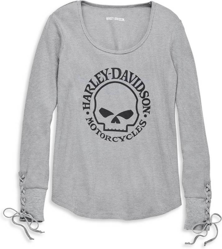 Harley-Davidson Willie G Skull Laced Detail Waffle Knit Top For Women- Medium Heather Grey | 962..