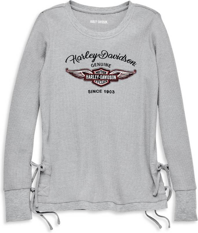 Harley-Davidson Silver Wing Side Tie Waffle Knit Top For Women- Forged Iron Heather | 96244-22VW