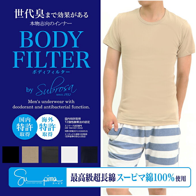 メール便（DM便）送料無料 メンズ 丸首半袖Tシャツ ボディフィルター 8074BF 驚きの消臭効果 世界特許のインナー　BODYFILTER SUBROSA tシャツ 丸首 機能性 インナーシャツ 半袖 速乾 防臭 深 消臭 部屋干し ギフト 大きいサイズ M L LL 綿100% フライス 【mail】 2