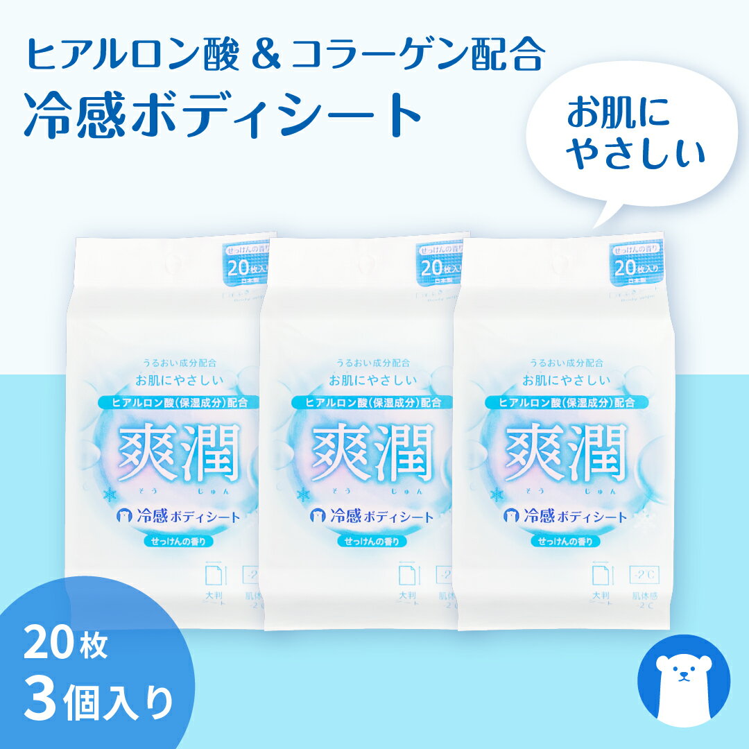 ＜期間限定ポイント10倍＞【1,000円ポッキリ】ヒアルロン酸＆コラーゲン配合 汗拭きシート　爽潤（20枚×3袋入り）肌体感 -2℃　全身拭きやすい 大判サイズ　制汗シート　ボディ　汗ふき　汗拭き　せっけん