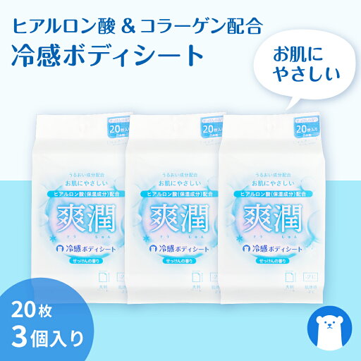 【ヒアルロン酸&コラーゲン配合】汗ふきシート 爽潤(20枚×3個入)肌体感 -2℃ 全身拭きやすい 大判サイズ 制汗シート ボディ 汗ふき 汗拭き 【ヒアルロン酸&コラーゲン配合】汗ふきシート 爽潤(20枚×3個入)肌体感 -2℃ 全身拭きやすい 大判サイズ 制汗シート ボディ 汗ふき 汗拭き