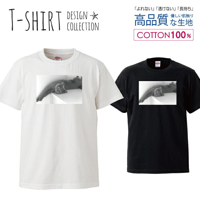 デザイン Tシャツ メンズ サイズ S M L LL XL 半袖 綿 100% 透けない 長持ち プリント コットン ゆったり 白Tシャツ 黒 ホワイト ブラック ネコ ブリティッシュショートヘア 写真 モノクロ グレー 猫 プリント おしゃれ かわいい