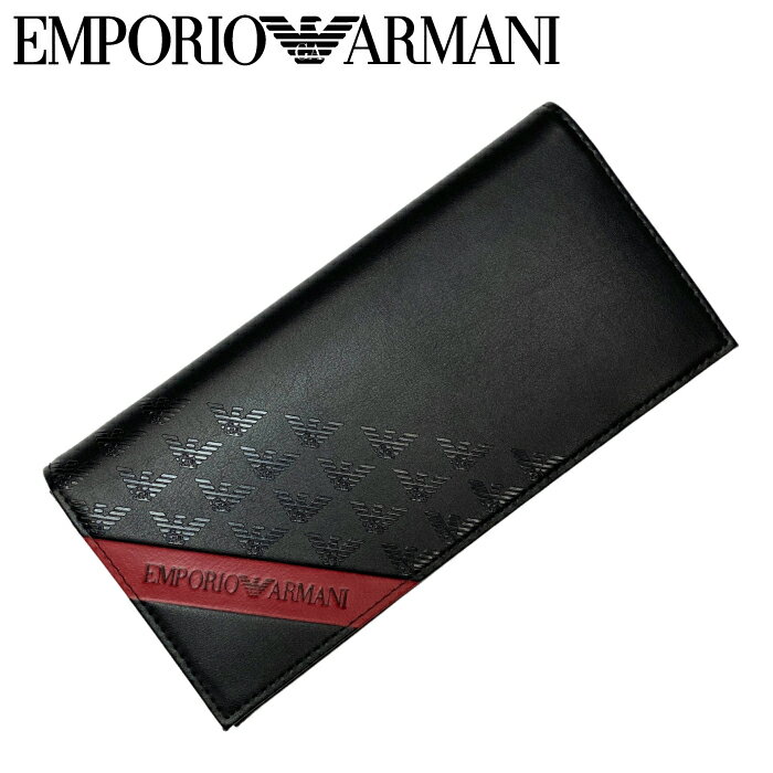 エンポリオ アルマーニ 革長財布 メンズ EMPORIO ARMANI 長財布 エンポリオアルマーニ メンズ イーグルロゴ 再生レザー 二つ折り 小銭入れあり レッドバンド ブラック y4r170-yq12v-80681 ブランド