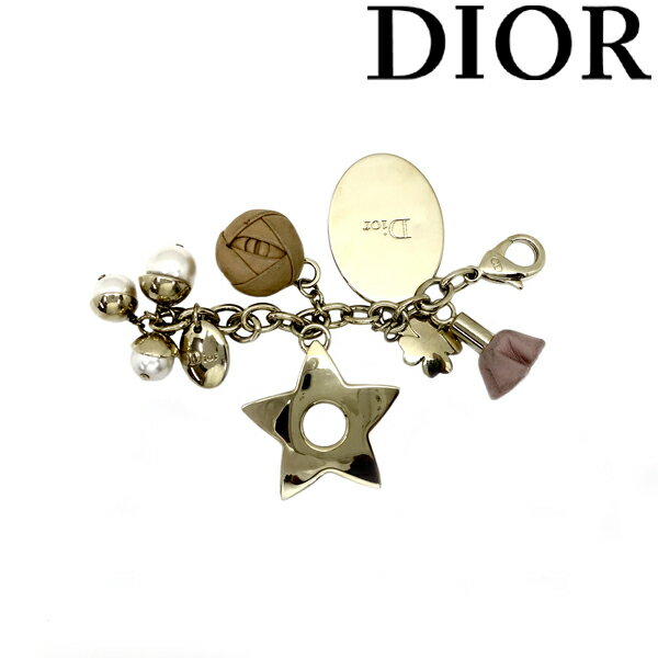 【中古】Christian Dior バッグチャーム クリスチャンディオール【傷や使用感が目立つ】 G.N イニシャル入り ゴールド×ライトグレー×ラ..